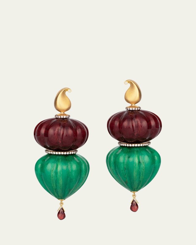 Burgundy and Green Marquetry Earrings with Diamonds and Garnets